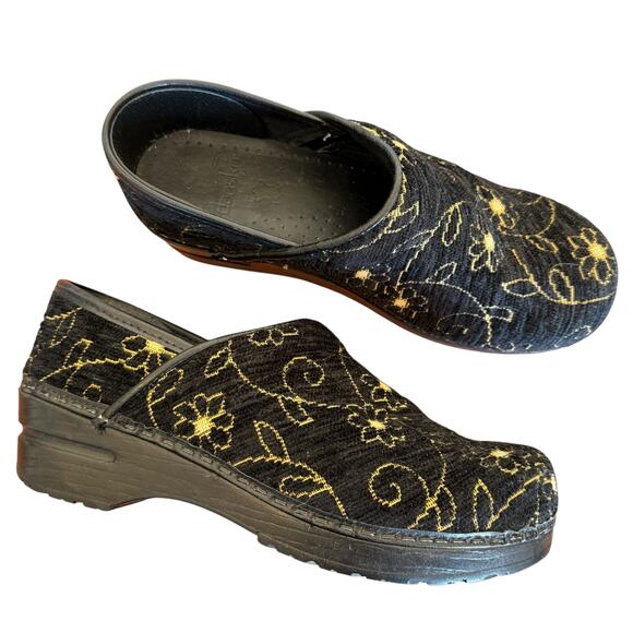 Sanita Women's Professional Black and Gold Tapestry Floral Embroidery Clog - 38 - Picture 2 of 8